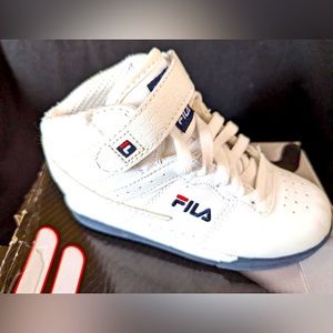 Fila white high top kid’s sneakers